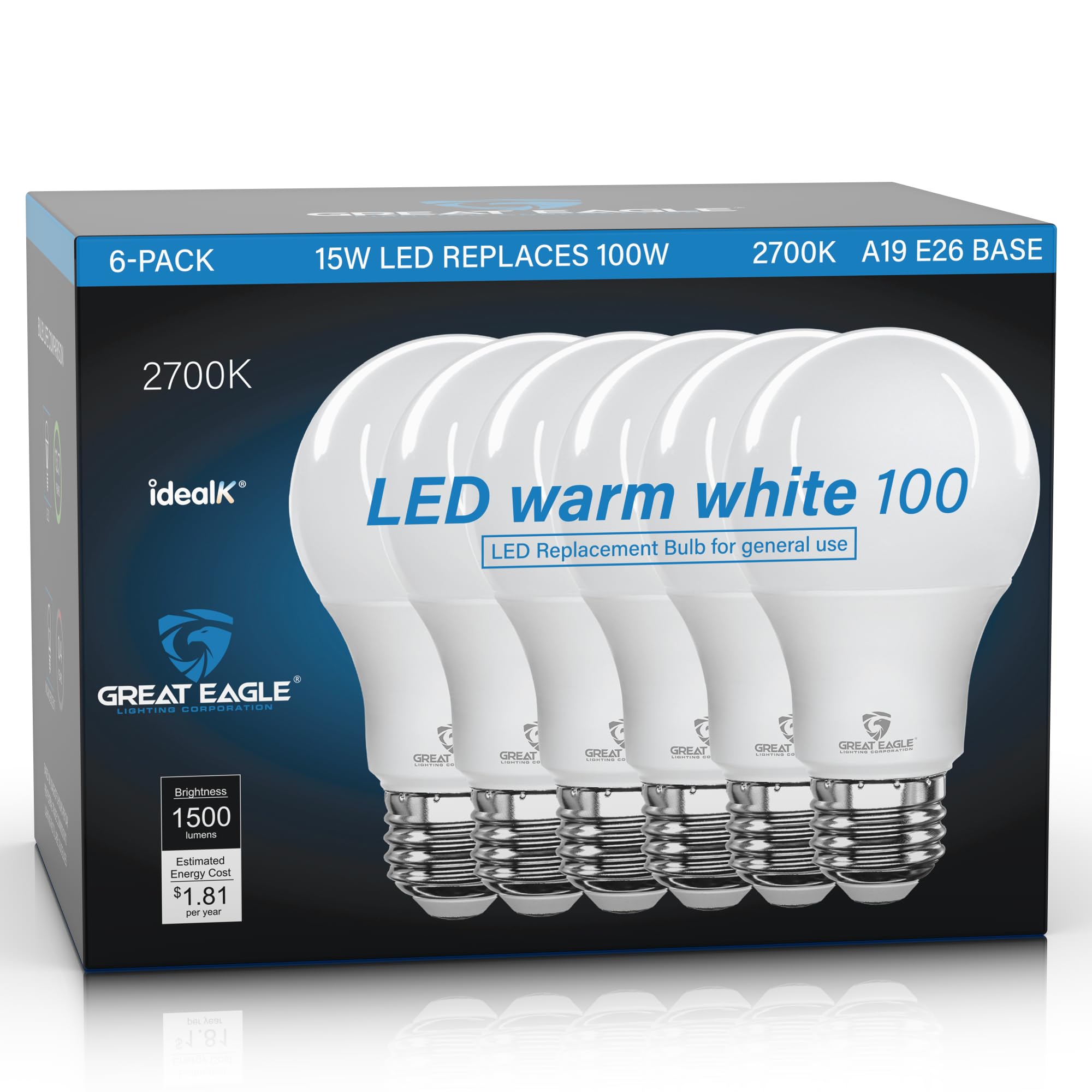 Great Eagle A19 LED Light Bulbs 100 Watt Equivalent, Warm White 2700K LED Light Bulbs, 15W Non-Dimmable, 1500 Lumens (6 Pack)