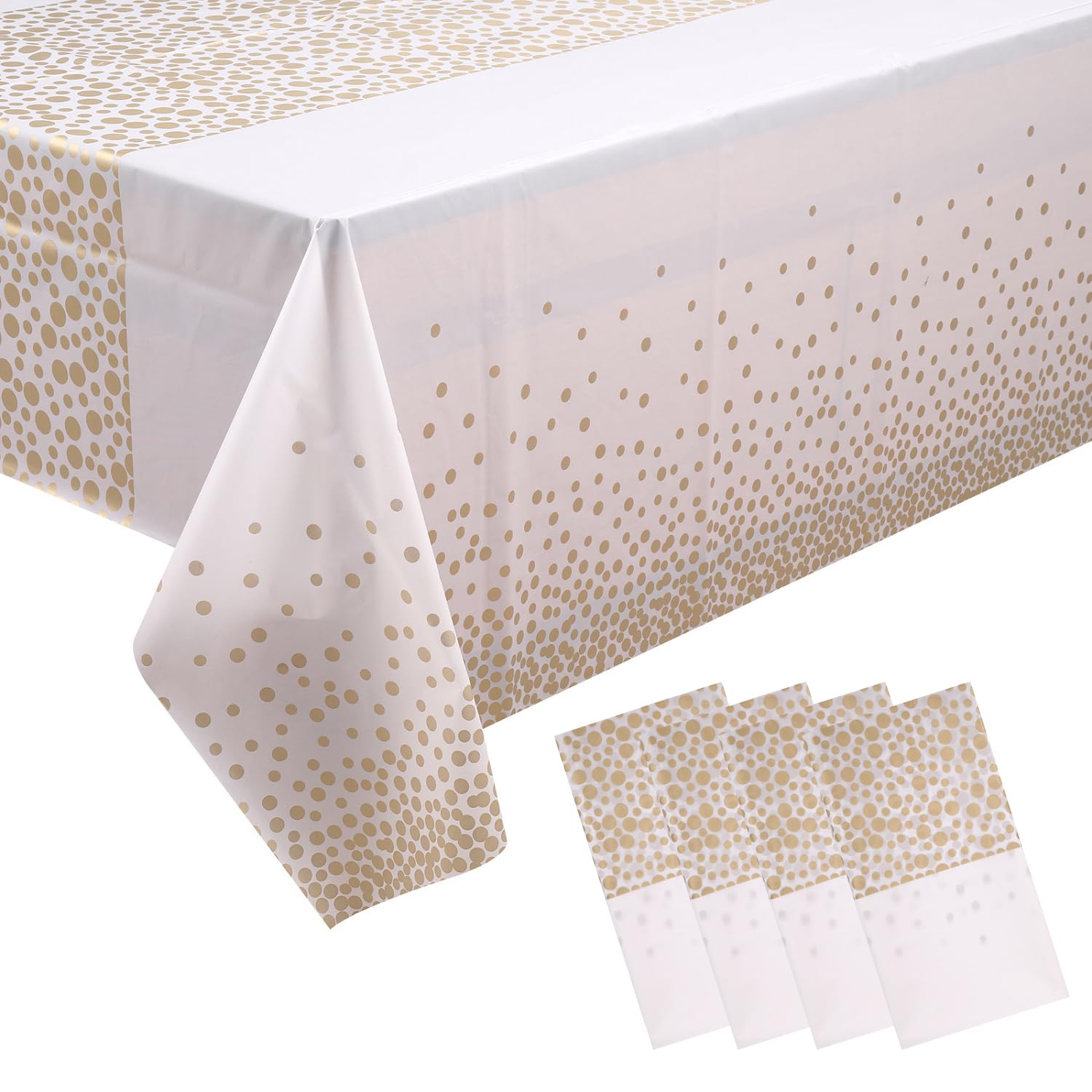 Trimming Shop 54" X 108" Polka Dots Disposable Plastic Table Cover - Waterproof Rectangular Dining Table Liner, Wipe Clean Kitchen Tablecloth Protector, White With Gold Polka Dot, Pack of 4 — image 1