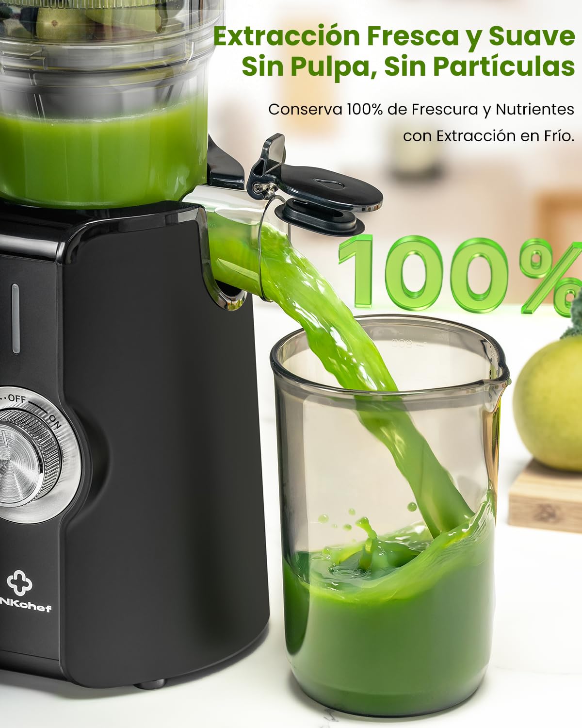 LINKChef Extractor de Jugos y Verduras Prensado en Frío | Slow Juicer 200W | Boca Ancha 115mm para Frutas Enteras | Licuadora con Recetario Incluido | Sin BPA, Negro
