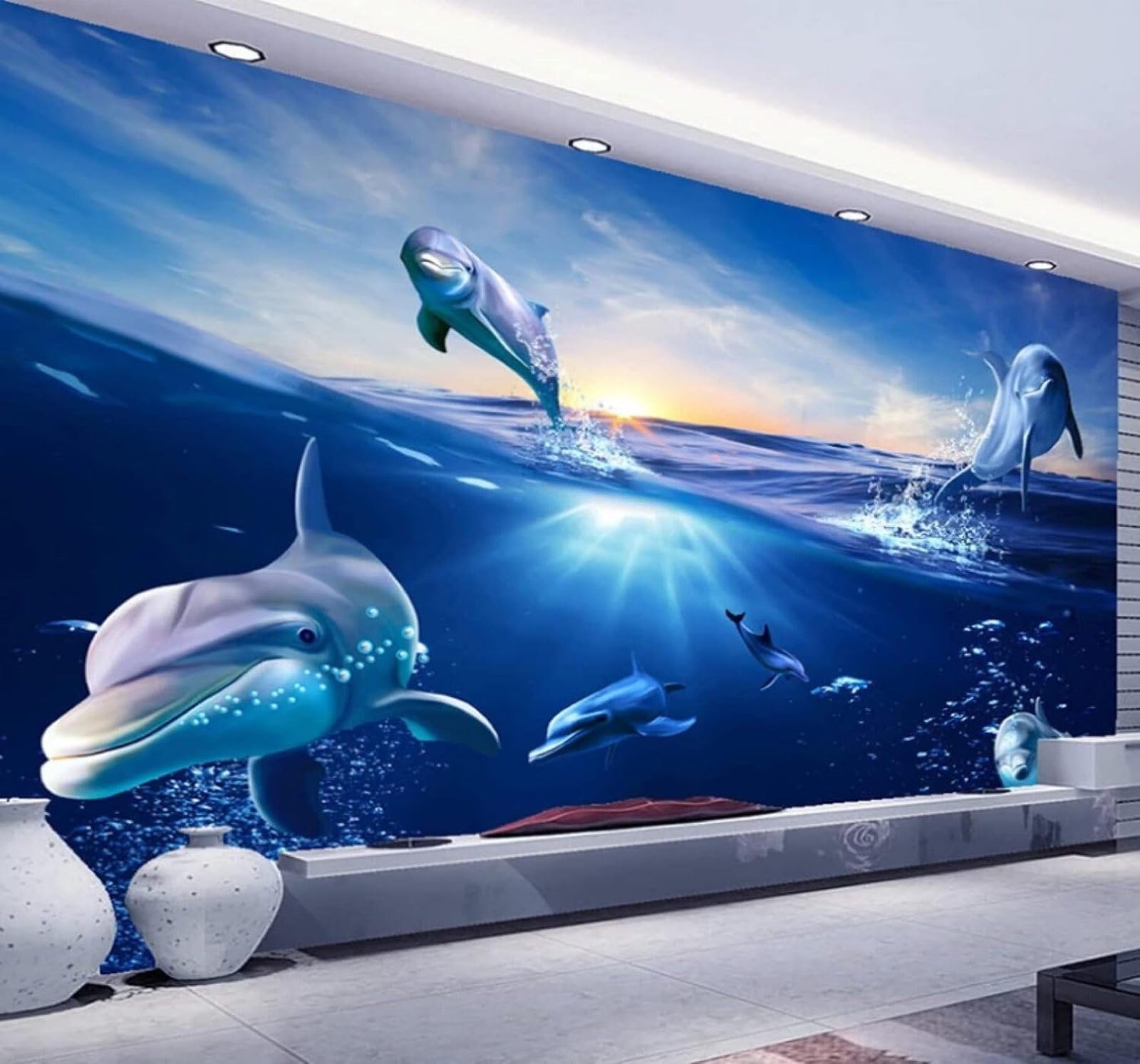 XLMING Cartoon Dolphin Aesthetic Sunrise Ocean 3D Wallpaper Luxury Silk Study Dining Feature Sofa Grey Bedroom Living Room Tv Decorative Wall-430cm×300cm