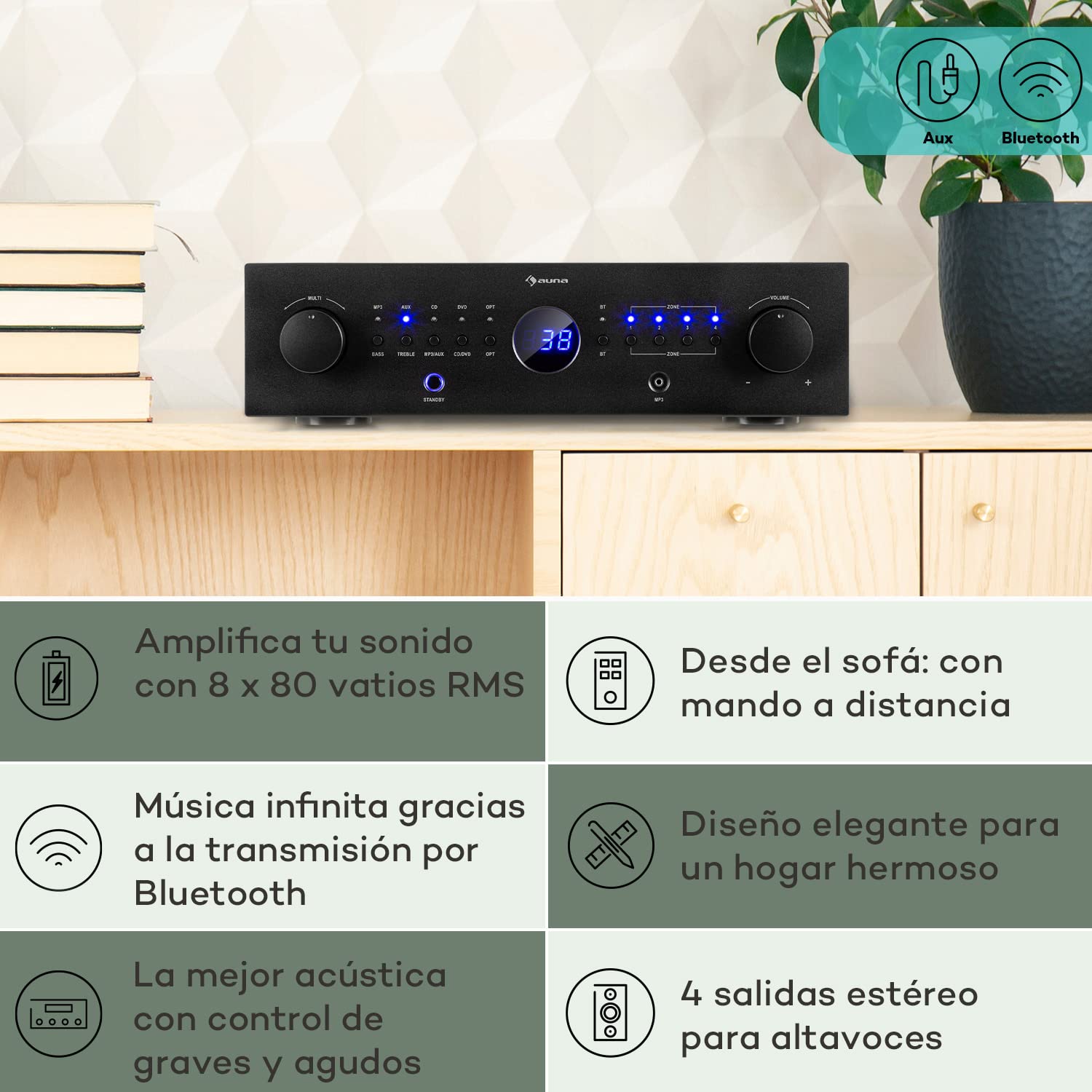 auna AMP-CD950 DG - Amplificador Digital, Multicanal, 4 Salidas estéreo, Potencia Salida 8 x 100 W RMS, Entrada óptica, Bluetooth, AUX, CD/DVD, MP3, Procesador Digital de señales, LED, Negro