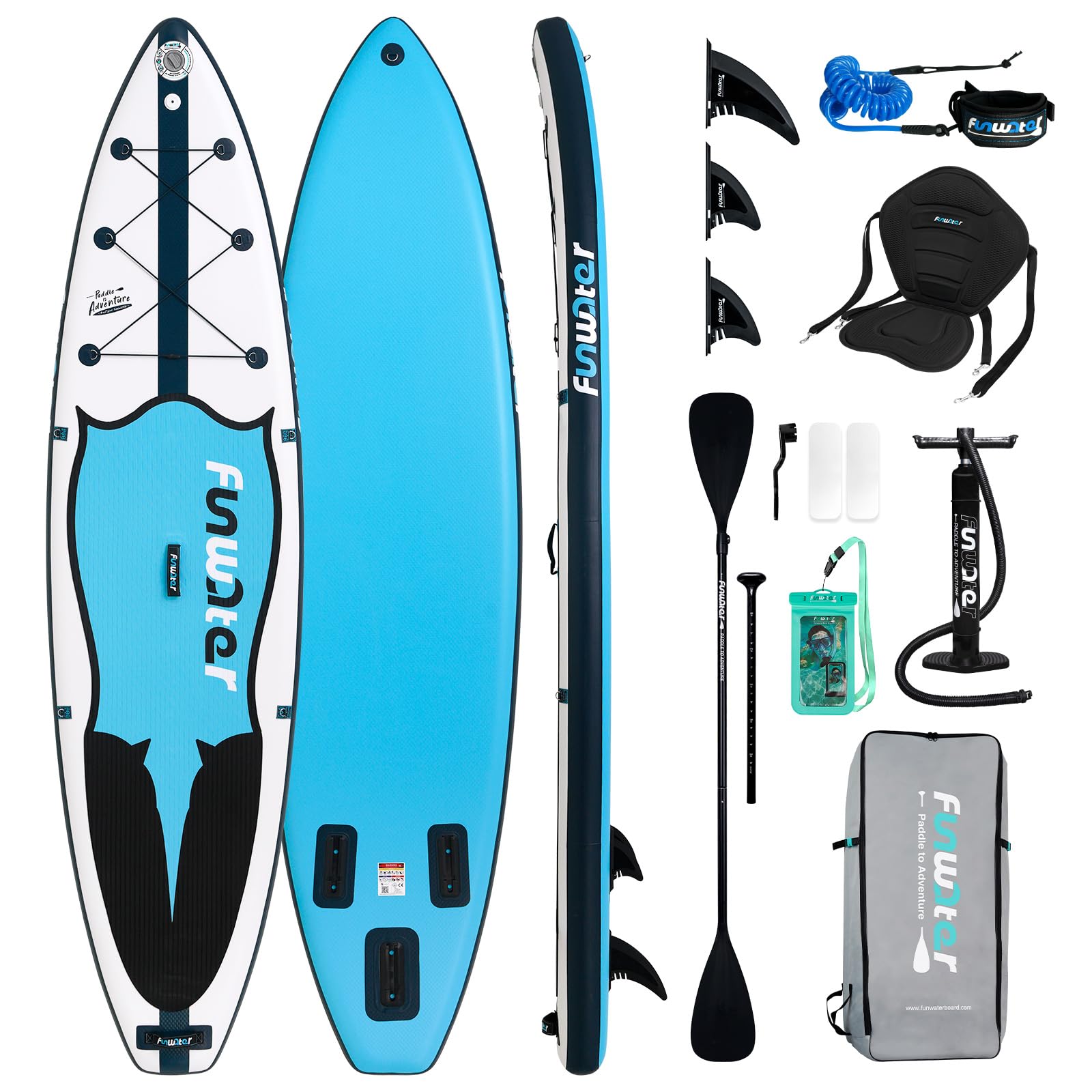 FunWater Tabla de Surf Hinchable de pie para Surf,Tabla de Surf Sup,Accesorio de Remo Ajustable,Bomba,Mochila de Viaje,Correa de Seguridad,Funda Impermeable para teléfono móvil