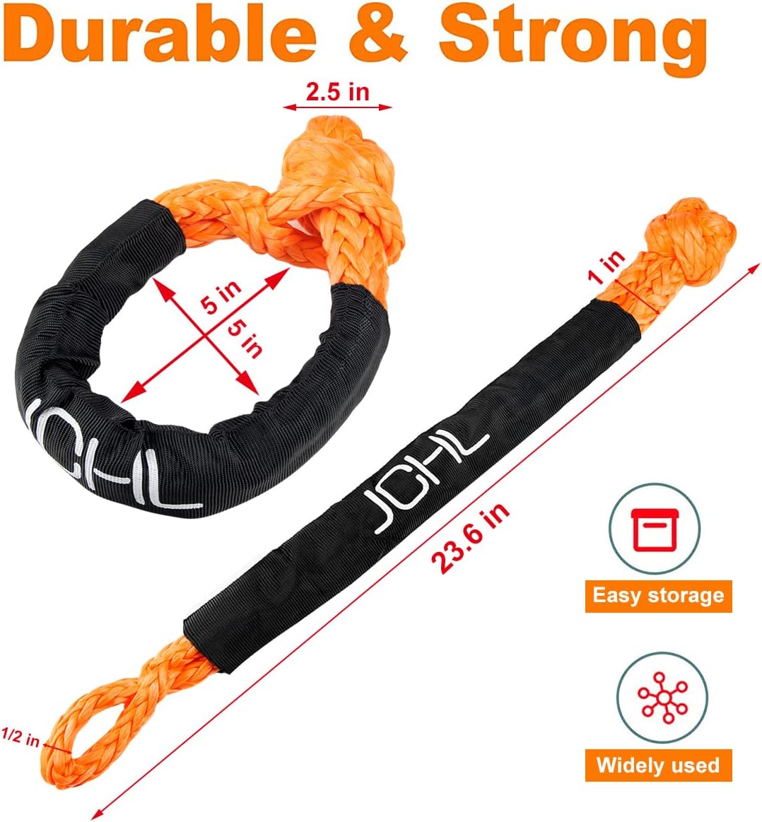 Soft Shackle Synthetic Road Recovery Rope 2PCS 1/2' X 23 Inch 56000LBS Tow Shackles + Red Snatch Recovery Ring for Sailing SUV Off Road Towing ATV Recovery