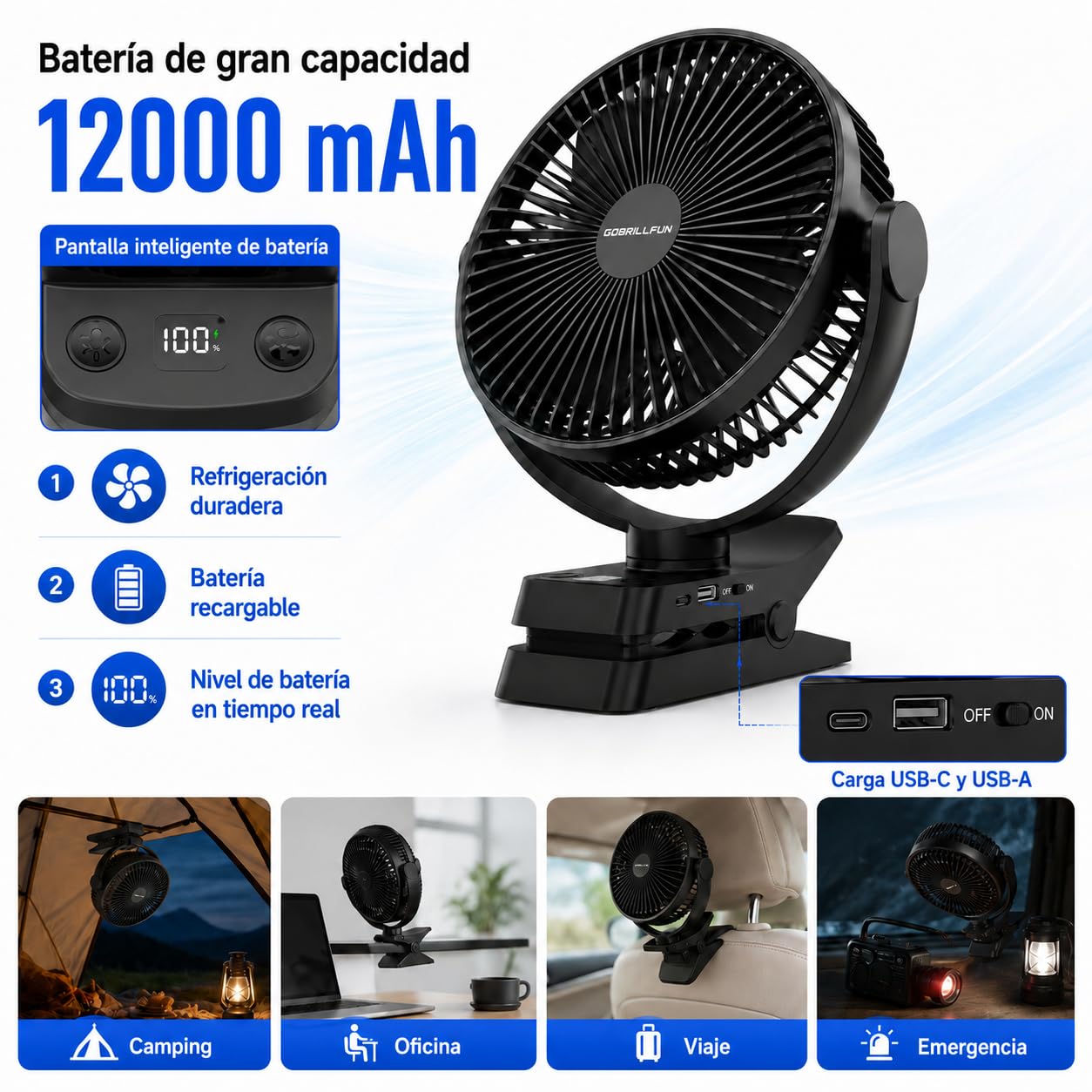 Ventilador de clip de 8,3 pulgadas con batería de 12000 mAh e indicador de nivel de batería, ventilador USB recargable con luz LED, 5 velocidades, temporizador, ventilador de batería para oficina