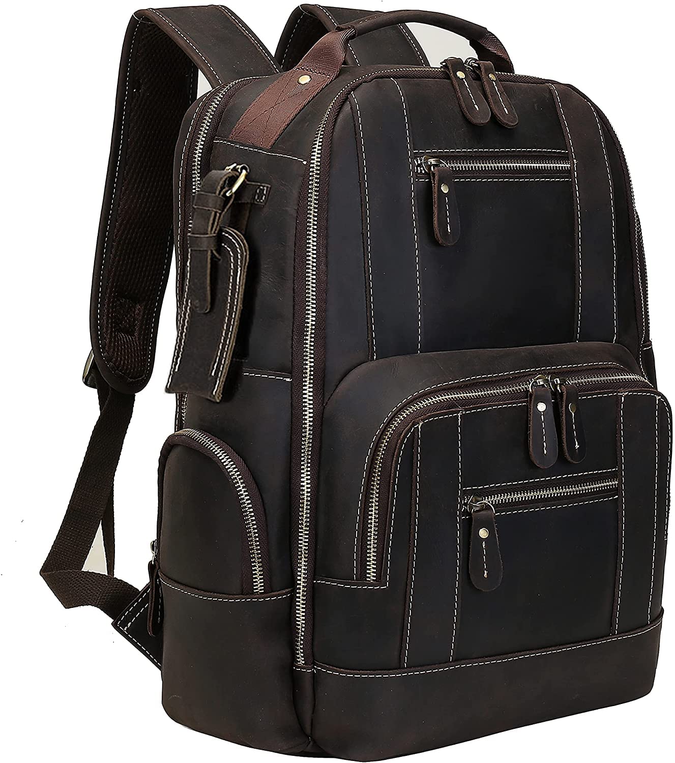 ZHYOLLeather Backpack for Men, 15.6 inch Laptop Backpack Vintage Full Grain Leather School College Bookbag Large Capacity Business Office Work Bag Casual Camping Travel Weekend Daypack