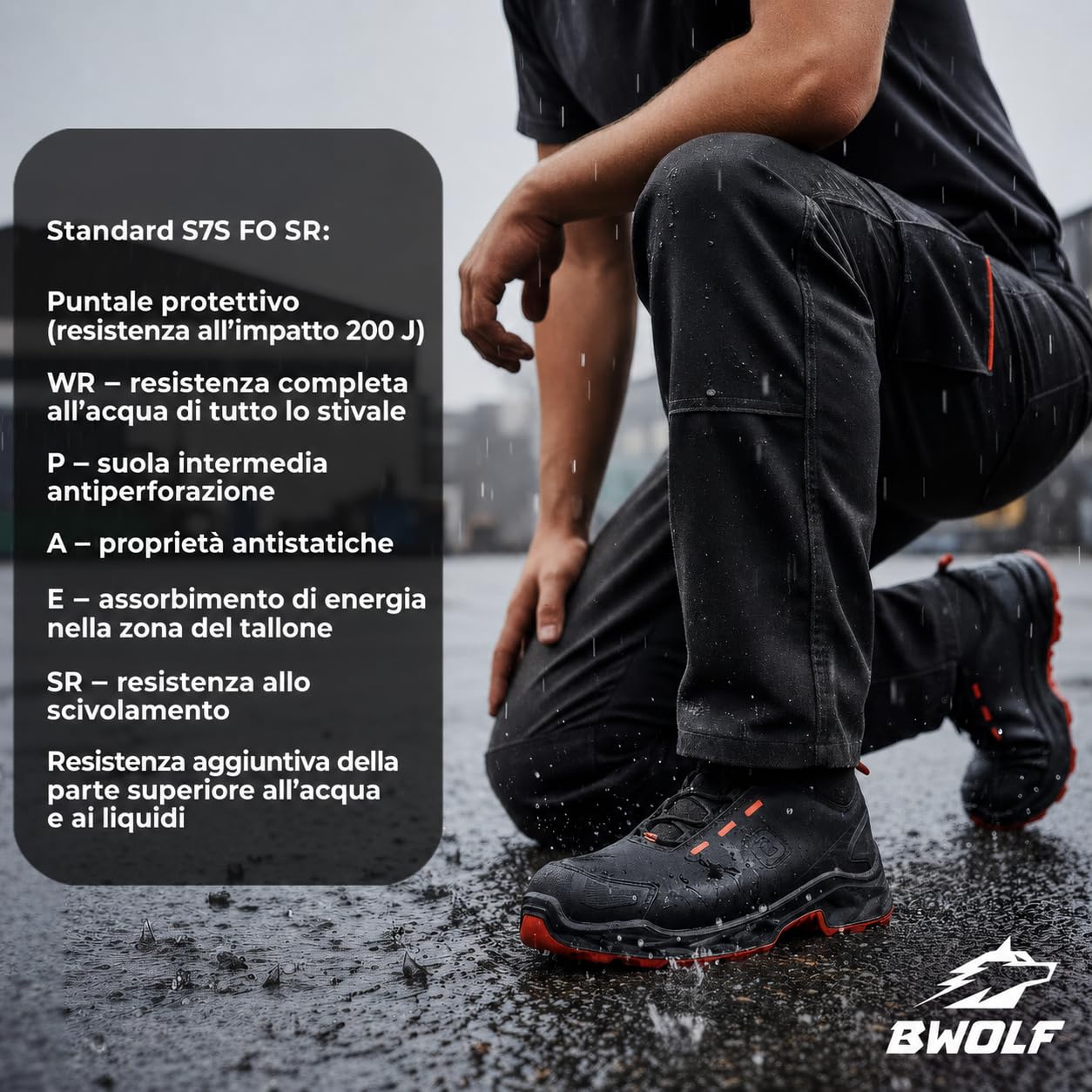 BWOLF FALCON HI S3S Scarpe da lavoro da uomo – Pelle liscia nera, cappuccio in alluminio, intersuola in kevlar, protezione ESD