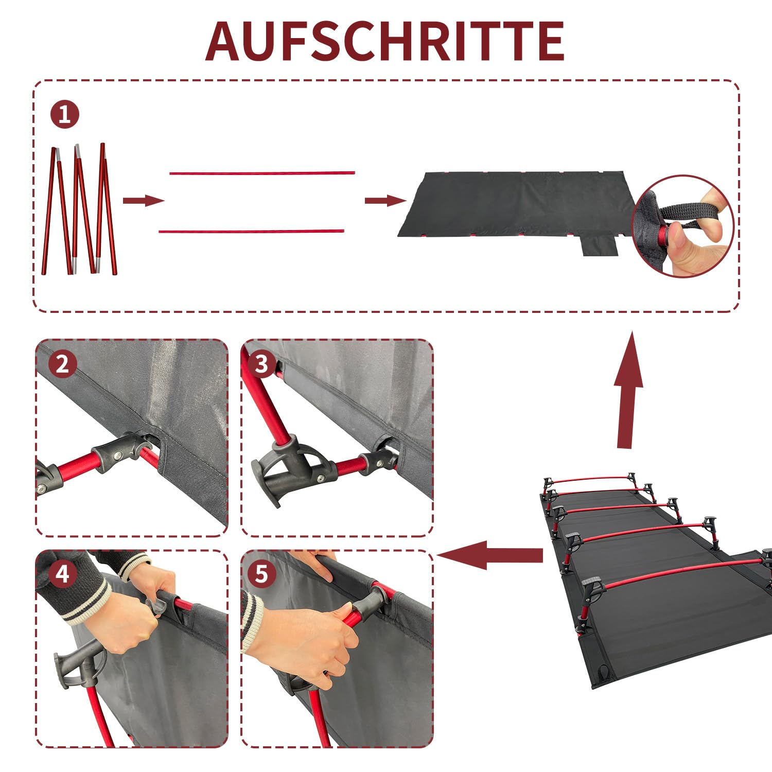 Ultraleichtes Campingbett Tragbares Feldbett Klappbares Reisebett für Outdoor, Wandern, Camping, Strand und Bergsteigen (Schwarz)