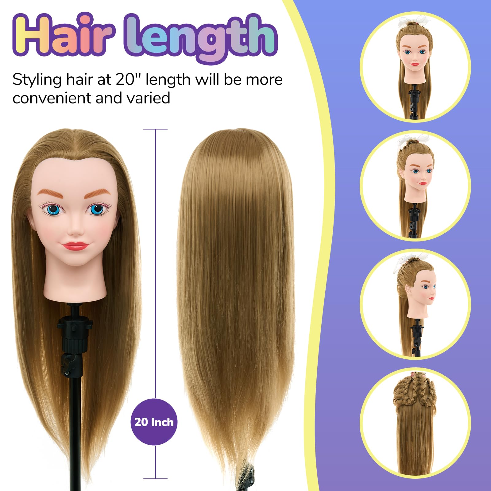Frisierkopf mit Übungskopf ständer,Frisierkopf Echthaar 100% Synthetisches Haar Puppenkopf zum Frisieren Trainingsköpfe für Friseure Ausbildung Kopf Mit Halter + DIY Haare Set(Blond)