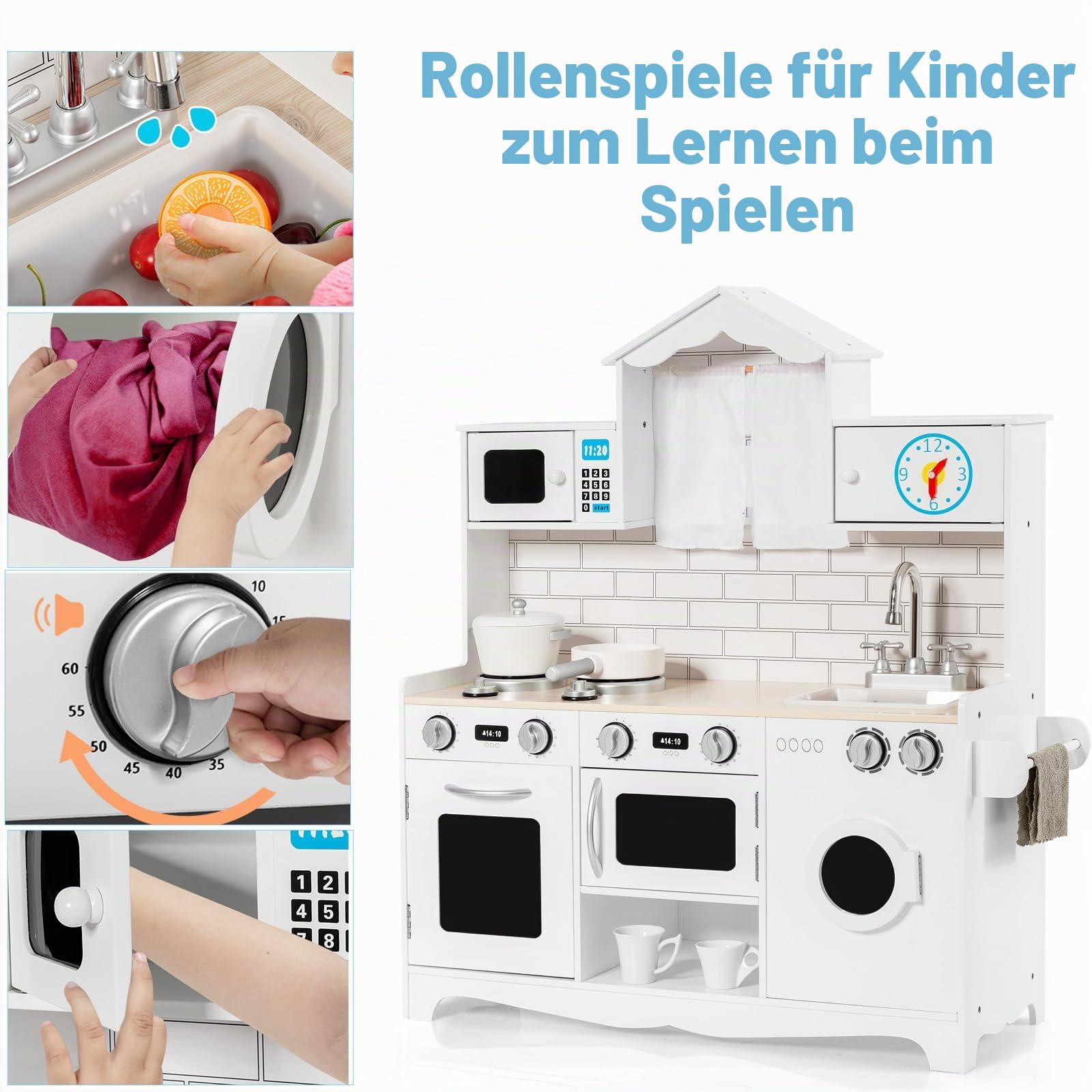 HOMASIS Kinderküche mit Spielzubehör, Kinder Spielküche Holz, Spielzeugküche mit Spüle Herd Backofen Mikrowelle Waschmaschine, Holzküche mit Kochgeschirr, Küchenset für Kinder ab 3 Jahre, 78x29x93cm