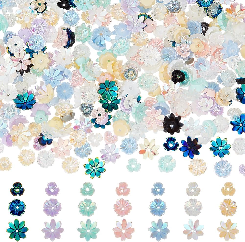 300Pcs Flower Beads Caps 3 Styles Opaque Resin Beads AB Color Plated Floral Bead 5-Petal Flower End Caps Spacer Loose Bead for Earrings Necklace Jewelry Making Supplies