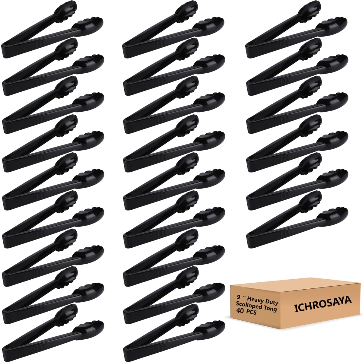 40 Stück Kunststoff-Salatzange, schwarze Küchenzange, 22,9 cm, Einwegutensilien-Set, strapazierfähig, gewellt, perfekt für Buffets und Grillen, lebensmittelechtes Material