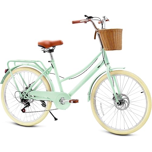 DEYGIA Kids Bike, Retro Cruiser Bike for Girls, 20 24 Inch 7-Speed Kids Bicycles for Ages 6-14 Girls Youth with Rattan Basket, Dual-Disc Brake Carbon Steel Frame Lightweight Bicycle, Multiple Colors