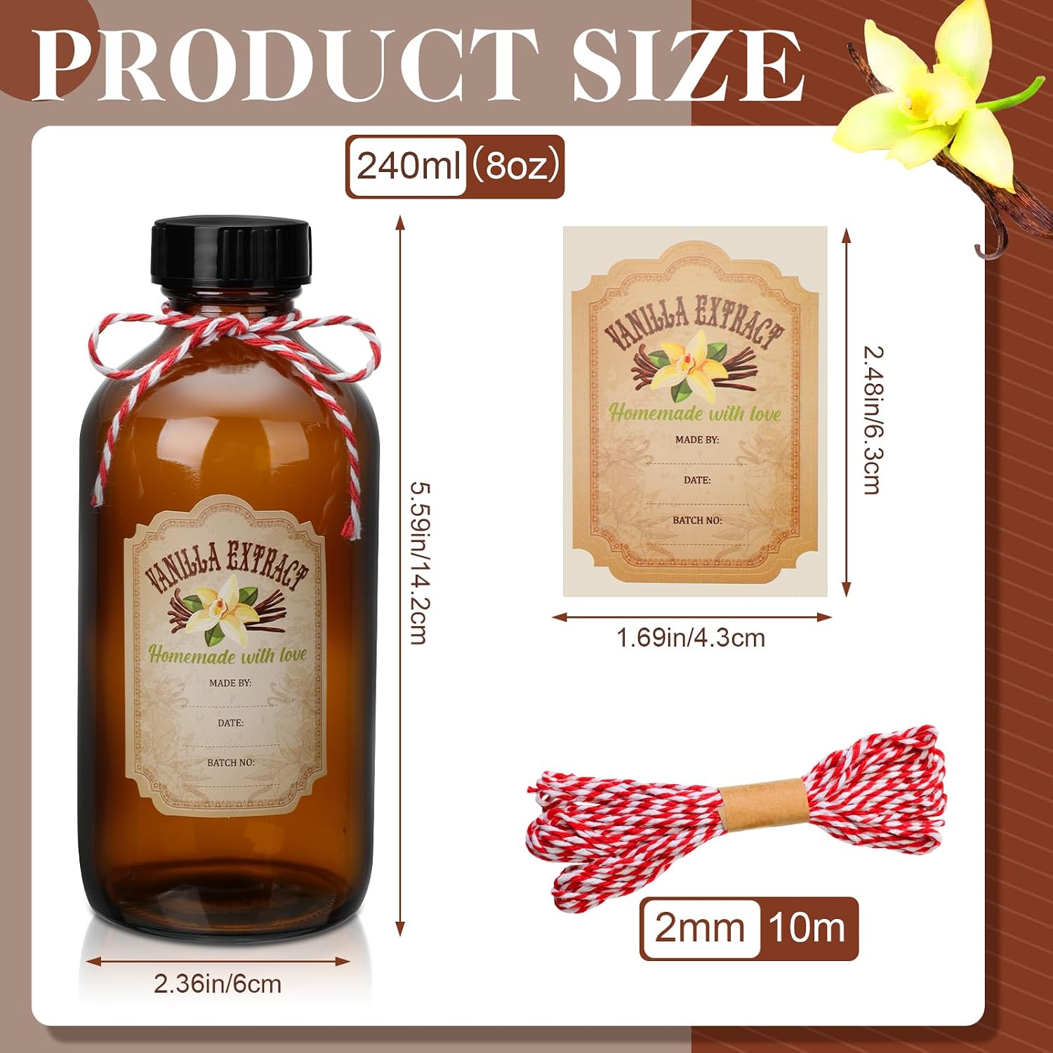 Uiifan 12 Pack Amber Glass Bottle Boston Round Bottles with Caps Refillable Vanilla Extract Jars Gift for Homemade Vanilla Extract Making, Brewing, Kombucha, Oil & Long-term Liquid Storage(8 oz)