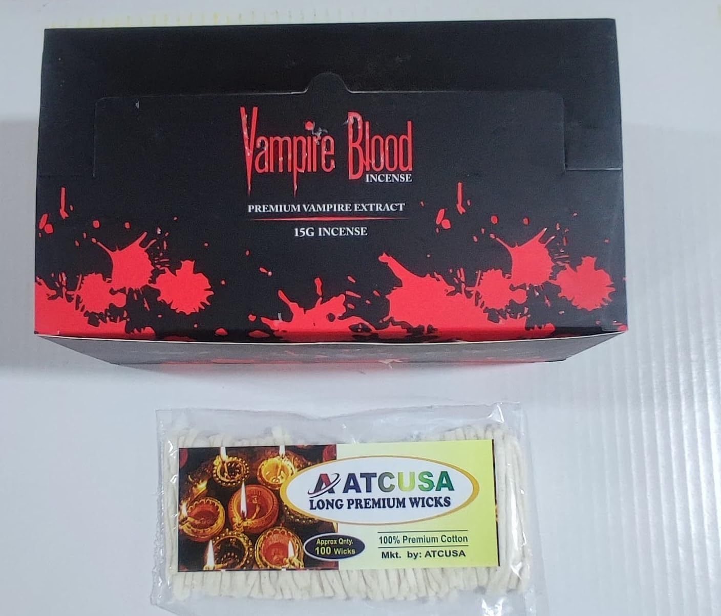 ATCUSA 12x 15g Nandita Vampire Incense AGARBATHI Sticks + 100 Premium Cotton Wicks for Diya - Combo Offer