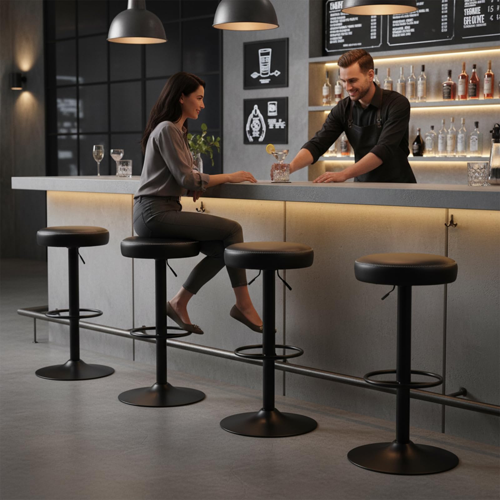 buybyroom Sgabello Cucina, Set di 2 Sgabelli da Bar Regolabili in Altezza con Poggiapiedi, Girevoli a 360°, Senza Schienale, Cuscino 8 cm, per Isola Cucina, Home Bar e Sala da Pranzo, PU, Nero