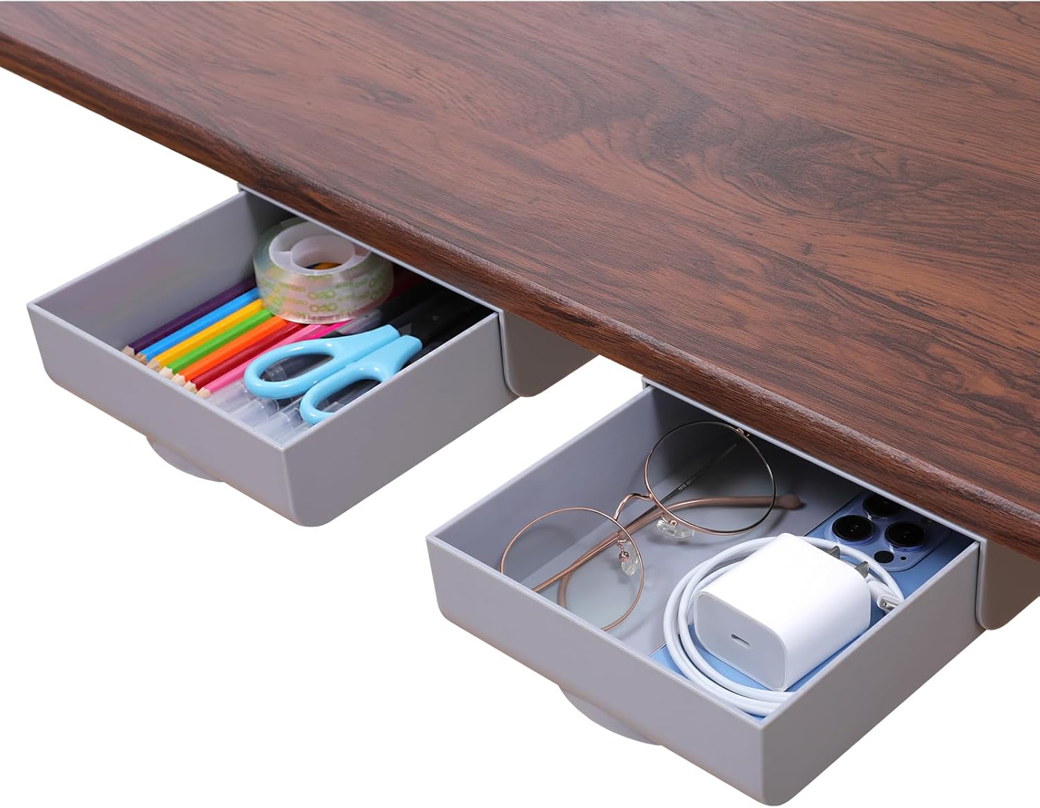 2 Pack Under Desk Drawer Self-Adhesive Desktop Storage Organizer, Hidden Attachable Slide Out Desk Drawer, Under Table Tray for Pencil Pen Stationery Office Organization, Gray