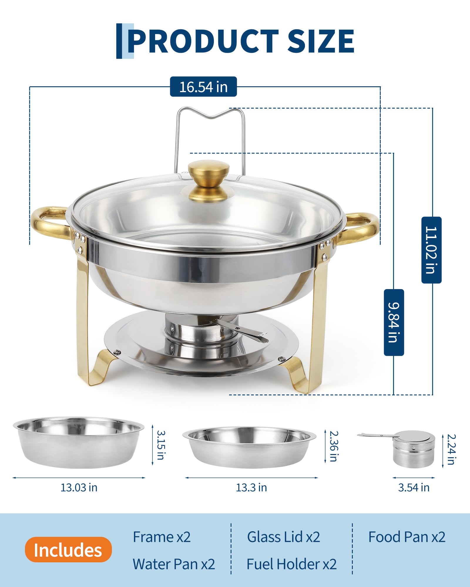 Set di 4 Chafing Dish Rotondi in Acciaio Inox 5/6QT - Coperchio in Vetro Visibile - Perfetti per Buffet, Catering, Feste - Bordo Dorato - Set Quattropezzi Pezzi Gold Edge