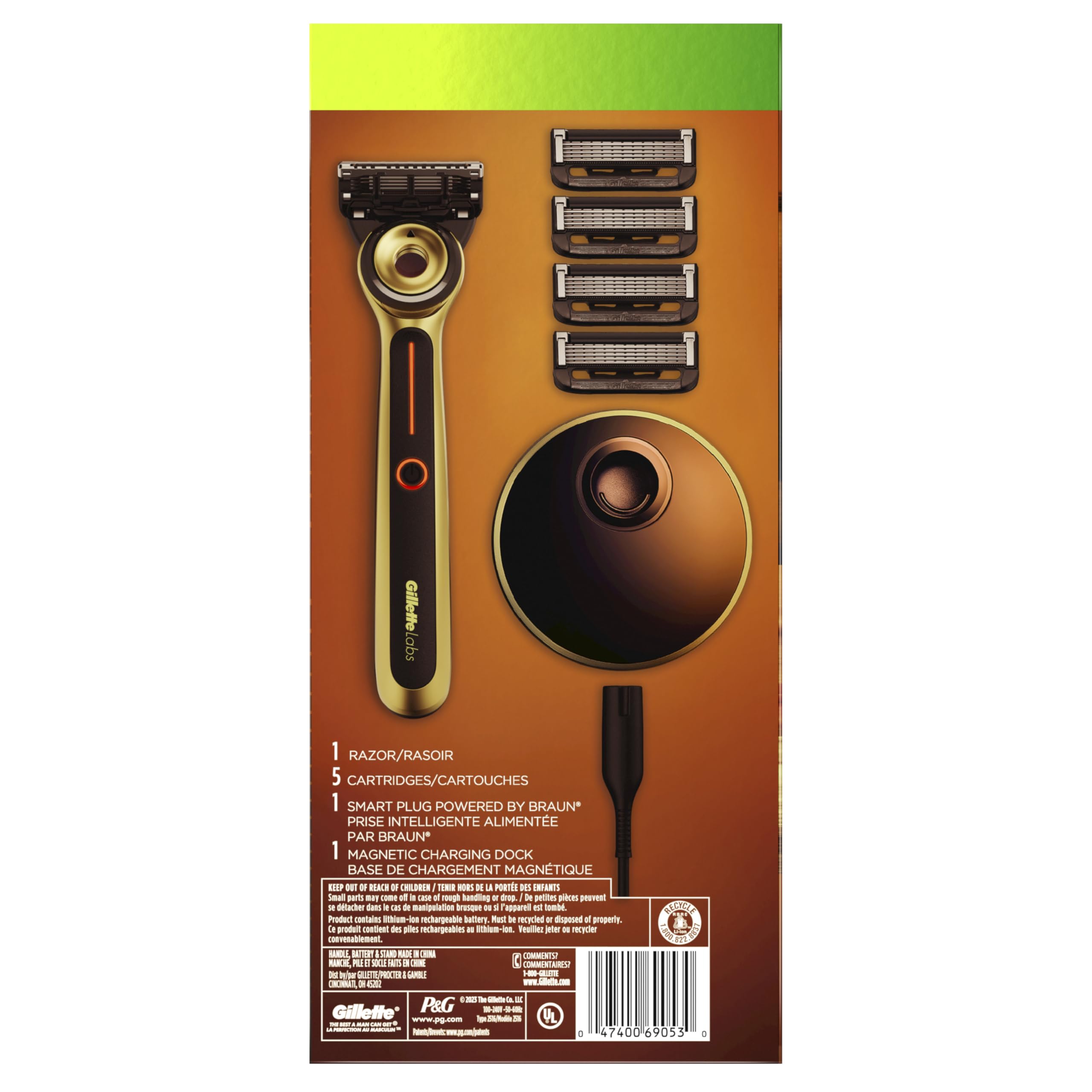 GilletteLabs Rasoio riscaldato Gold Edition - 1 Maniglia, 5 ricariche lama, 1 dock di ricarica