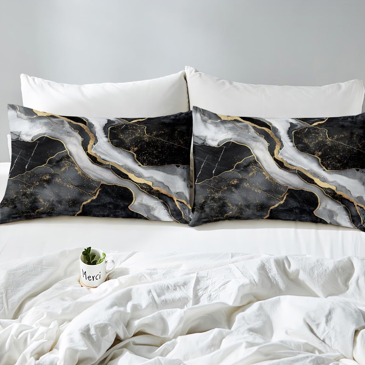 Feelyou Black and Gold Marble Bed Sheet Set Golden Cracked Lines Fitted Sheet for Kids Boys Girls Teens Decor Grey White Marble Texture Bedding Set Modern Luxury Bed Cover Queen Size 4Pcs