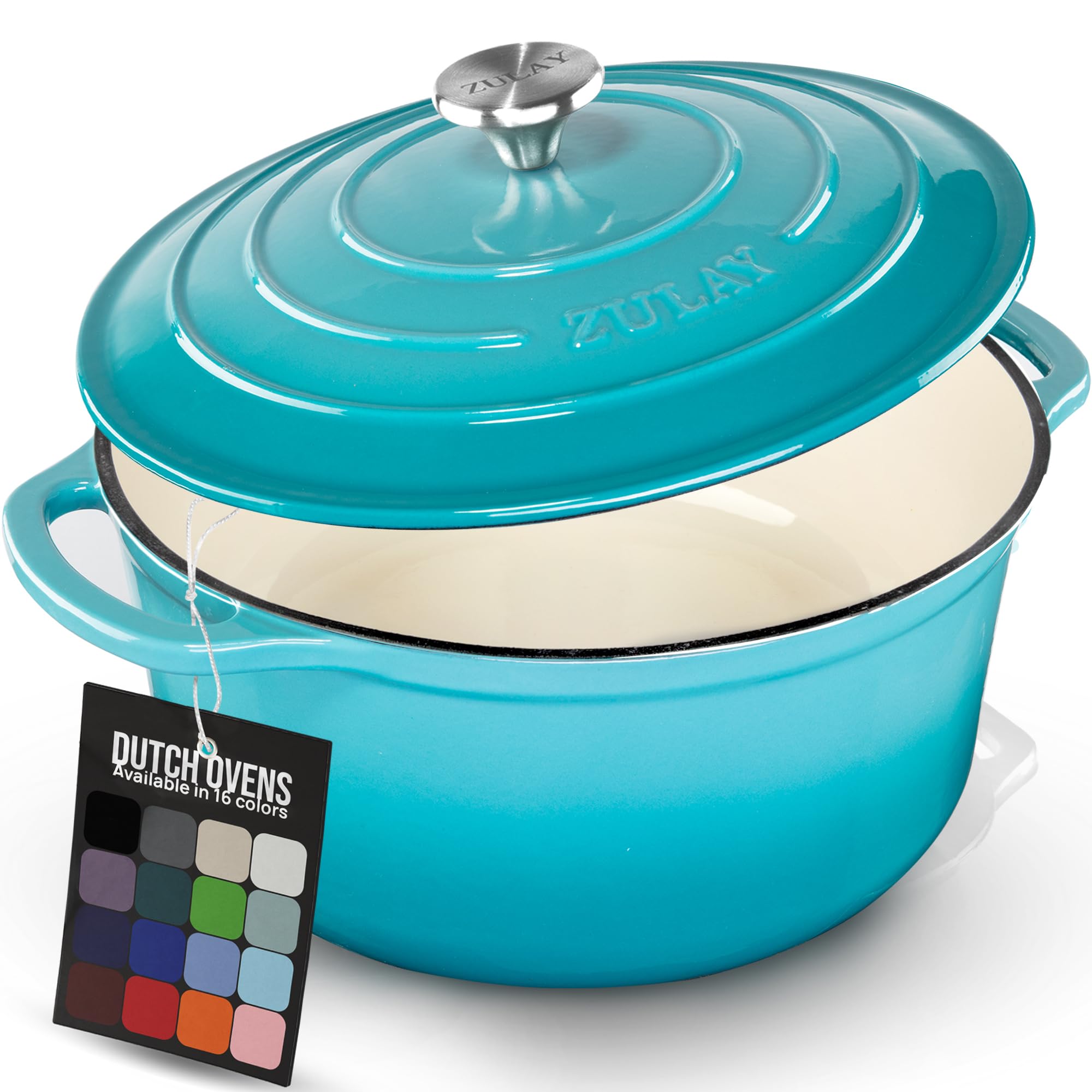 Zulay Kitchen 6.4 Quart Enameled Cast Iron Dutch Oven Pot with Lid Oven Safe up to 500°F. Heavy-Duty Enameled Cast Iron for Sourdough Bread Baking, Stews, Braising & Roasting, Soup Pot with Lid - Light Blue