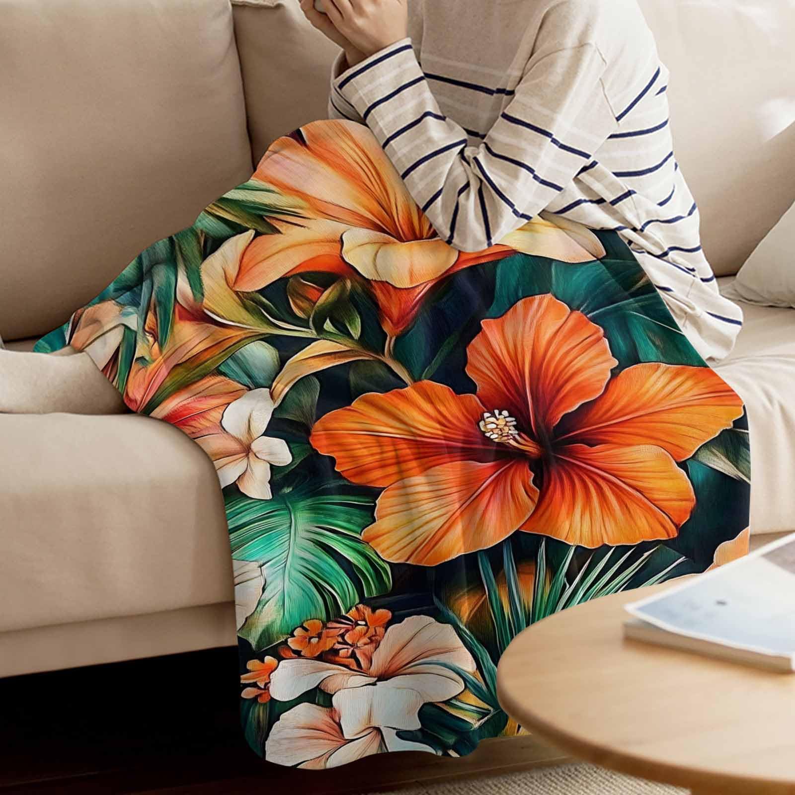 Amazon.com: Throw Blanket Orange Flowers Green Leaf Blanket Throw