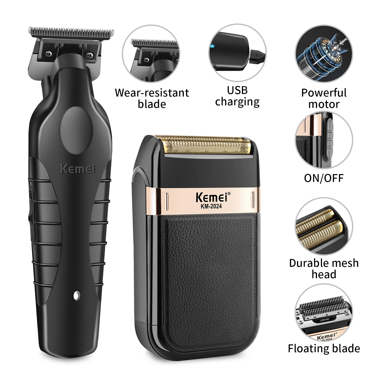 KEMEI Set tagliacapelli e rasoi a lamina, tagliacapelli elettrico da uomo, rasoio elettrico senza fili, rasoio di precisione T-Blade Zero Gapped Hair/Barba, ricaricabile USB