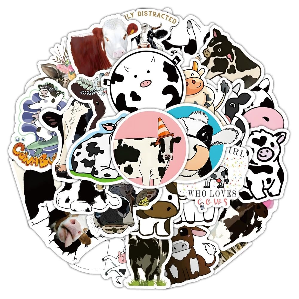 50 Pcs Cow Stickers Laptop Car Scrapbook Phone Skateboard Suitcase Luggage Bike Cow Vinyl Waterproof Aesthetic Personalised Stickers for Teens Boys Girls Adults