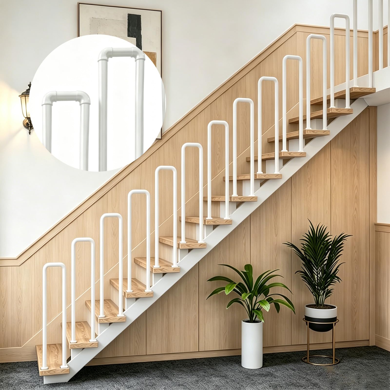 U-Shaped Stair Rail, Industrial Handrail with Connectors & Screws, Handrails for Outdoor Steps, Easy to Assemble, Metal Bannister Rail for Porch, Indoor and Outdoor（White, 55CM-Round Corners）