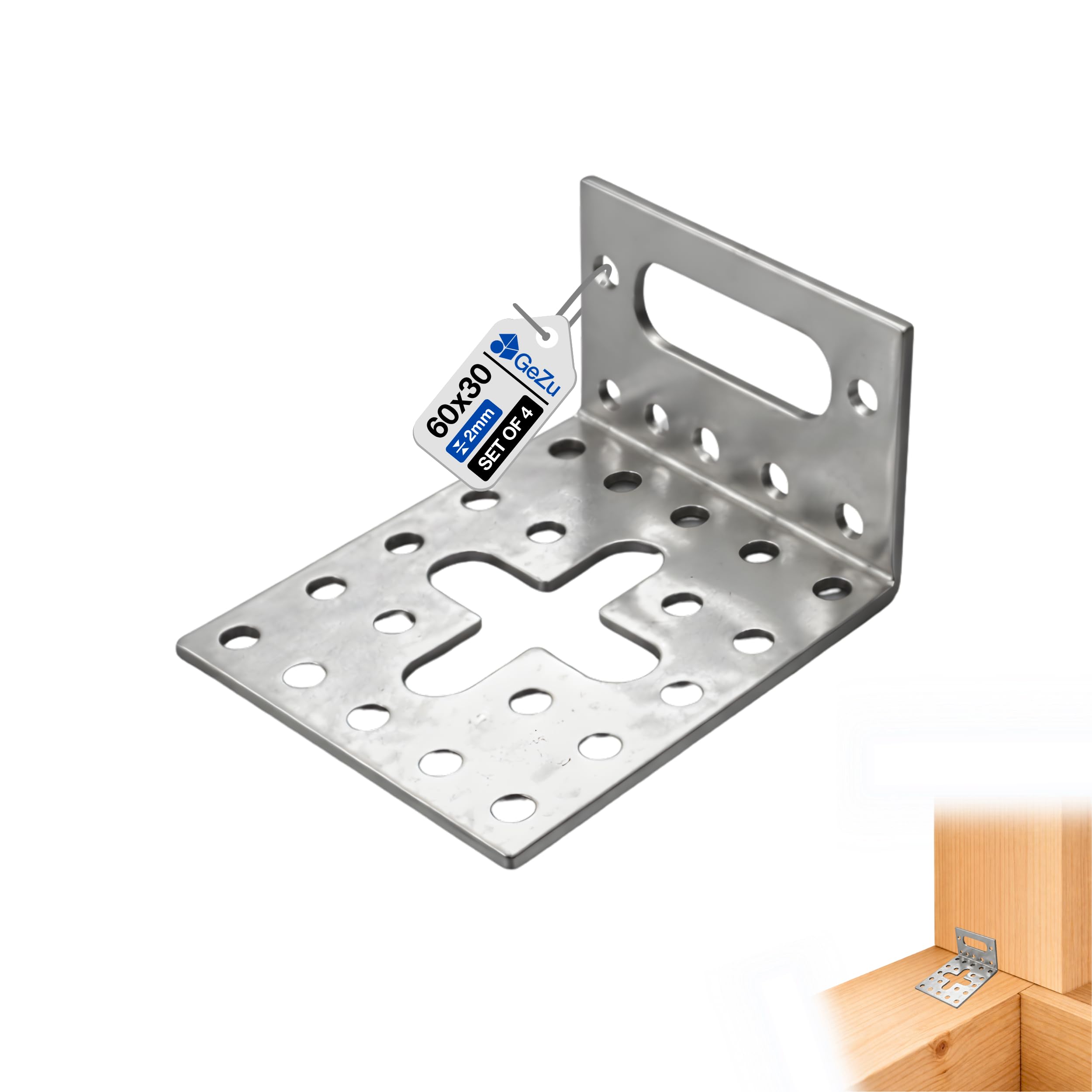 GeZu Impex Adjustable Angle Bracket 60 x 30 x 60 mm Set of 4 Galvanised Slotted Bracket Square Adjustable Angle Mounting Plate Corner Braces Wood Connector