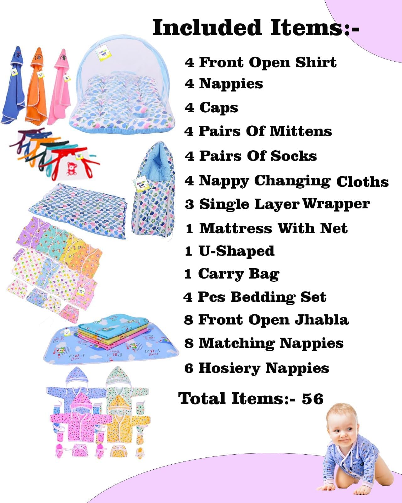 Toddylon Flat Bed 56 in 1 New Born Baby Essentials Gift Combo (0-6 Months) - Image 3 thumbnail