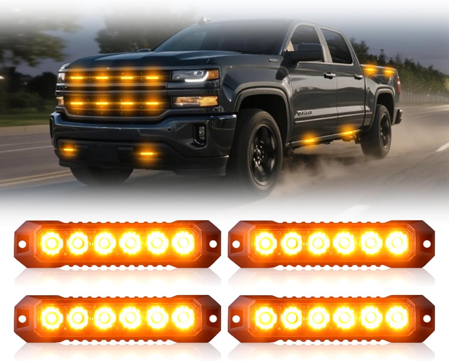 4PCS 6 LED Amber Strobe Lights for Trucks Vehicles Cars Ultra Slim Grille Surface Mount Flashing Hazard Emergency Lights Sync Feature LED Warning Flashing Lights 12V 24V