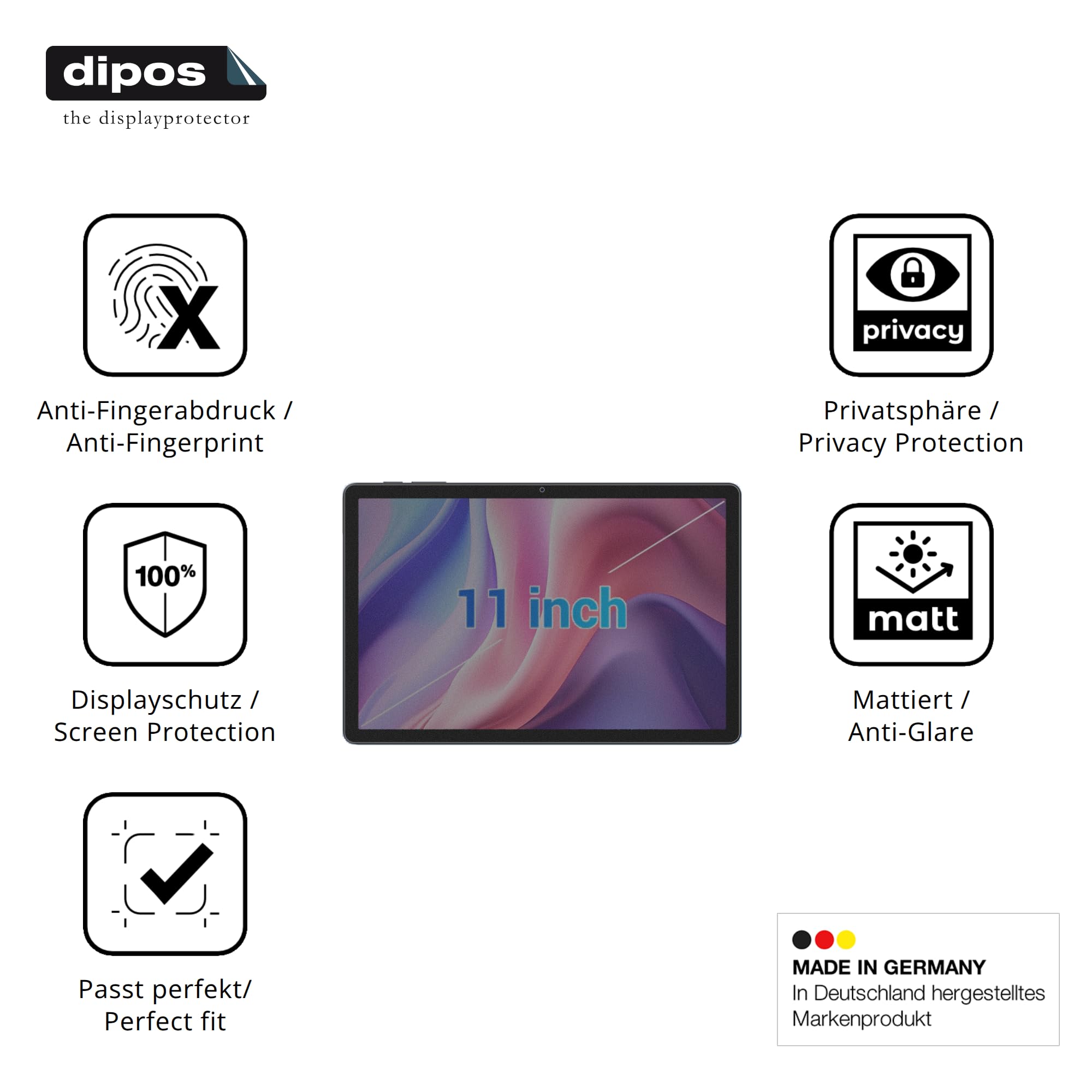 dipos Protection écran anti-espion pour MAXLEGEN N11 | Film mat, filtre de confidentialité 4 directions, sur mesure, anti-rayures, sans bulles, adhésion sans colle