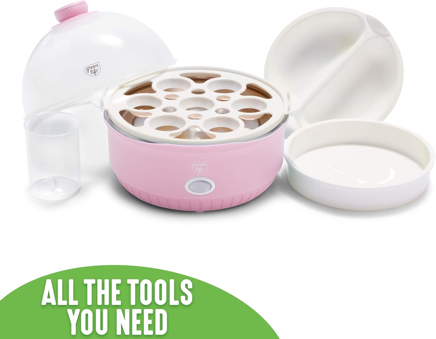 GreenLife Rapid Egg Cooker, 7 Egg Capacity for Hard Boiled, Poached, Scrambled and Omelet Tray, Easy One Switch, Dishwasher Safe Parts, BPA-Free, Pink