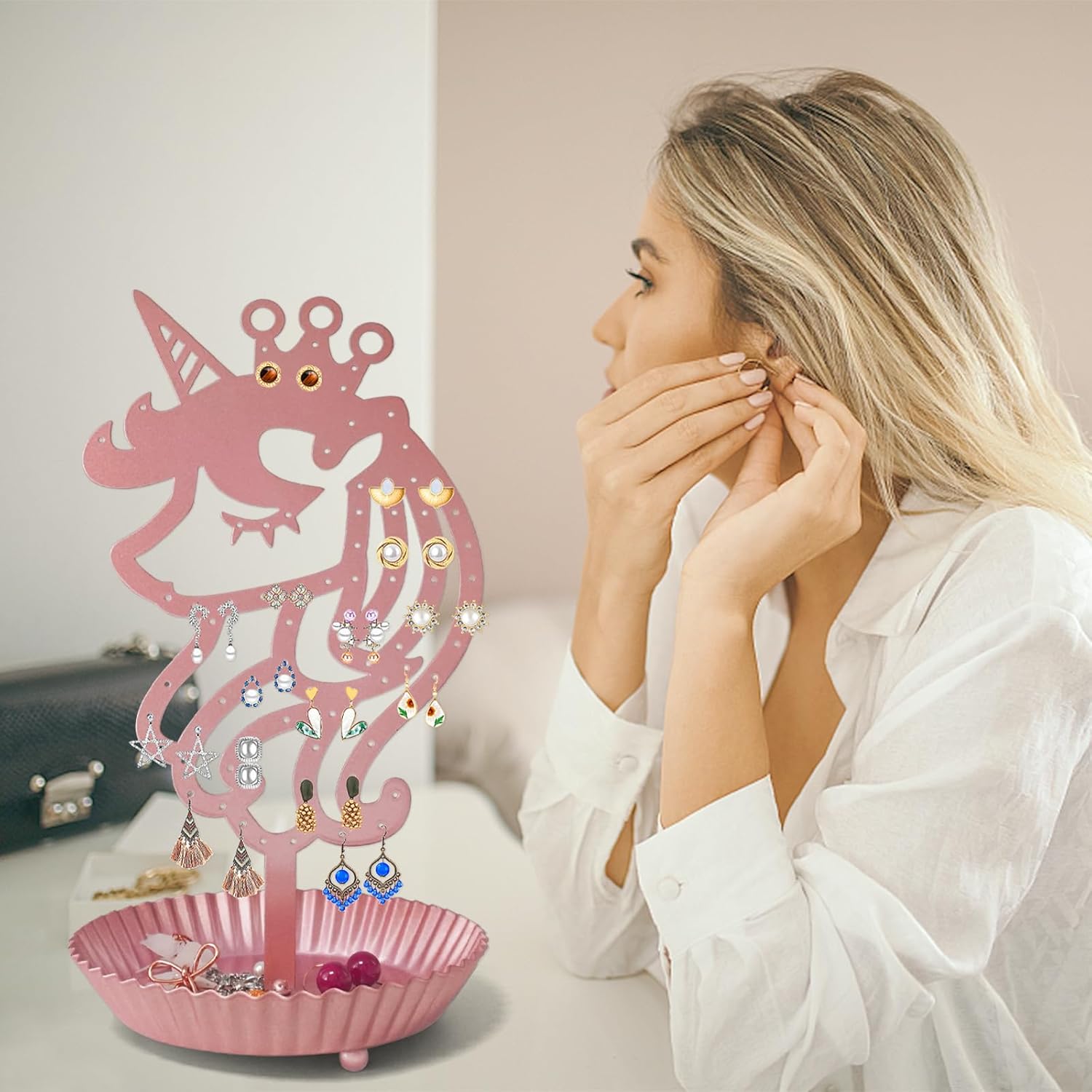 Unicorn Earring Holder Organizer Decor Stud Earrings Tree 81 Holes,Jewelry Earring Display,Metal Earring Storage Stand with Tray Gift for Teens Girls Kids Women (Pink)
