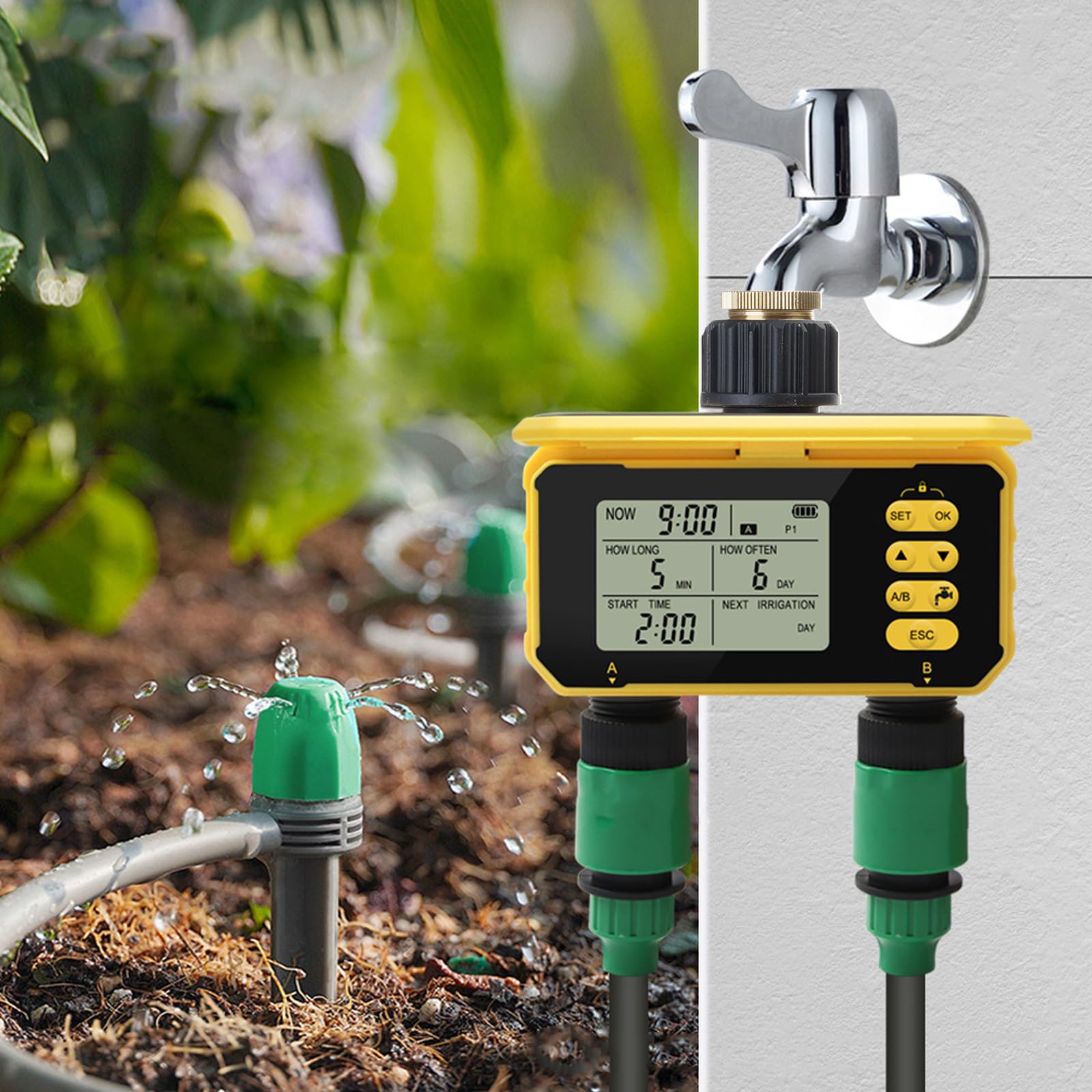 Pratico timer automatico dell'acqua con doppie valvole Timer digitale dell'acqua per irrigazione da giardino e gocciolamenti Regolatore automatico per irrigazione