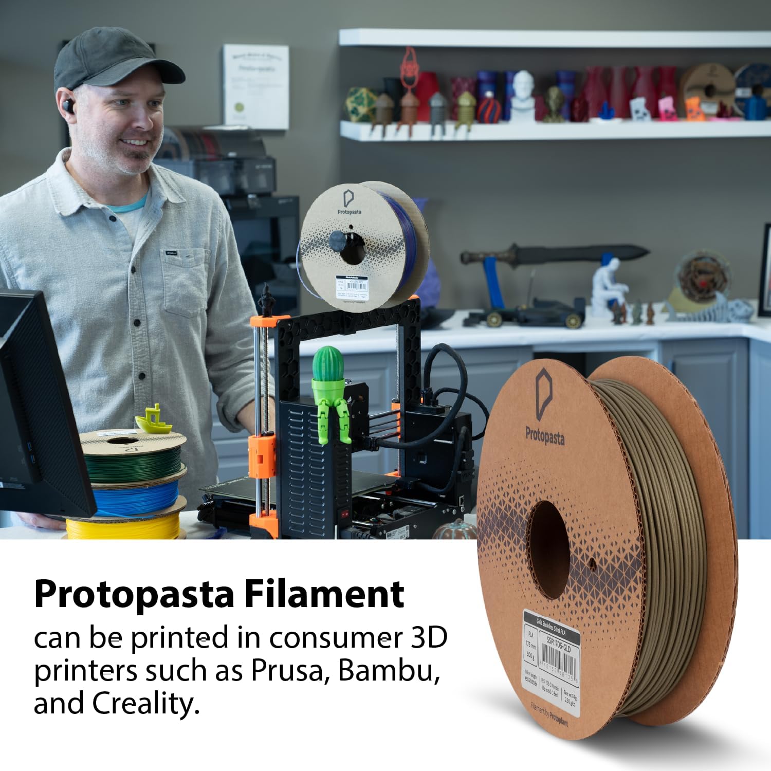 Protopasta Gold Stainless Steel Filled PLA 3D Printer Filament | ProtoPlant Metal-Filled PLA Printer Filament | 60% Steel | Polish & Patina Friendly Metal Composite Filament | 500g Metallic Spool