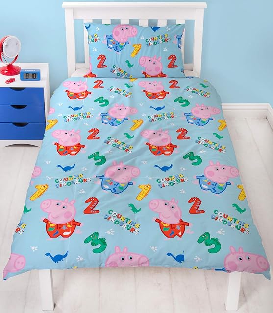Official Peppa Pig Single Duvet Cover George Pig Counting Dinosaurs Design | Blue Reversible Two Sided Bedding Duvet Cover Official Merchandise Pillow Case