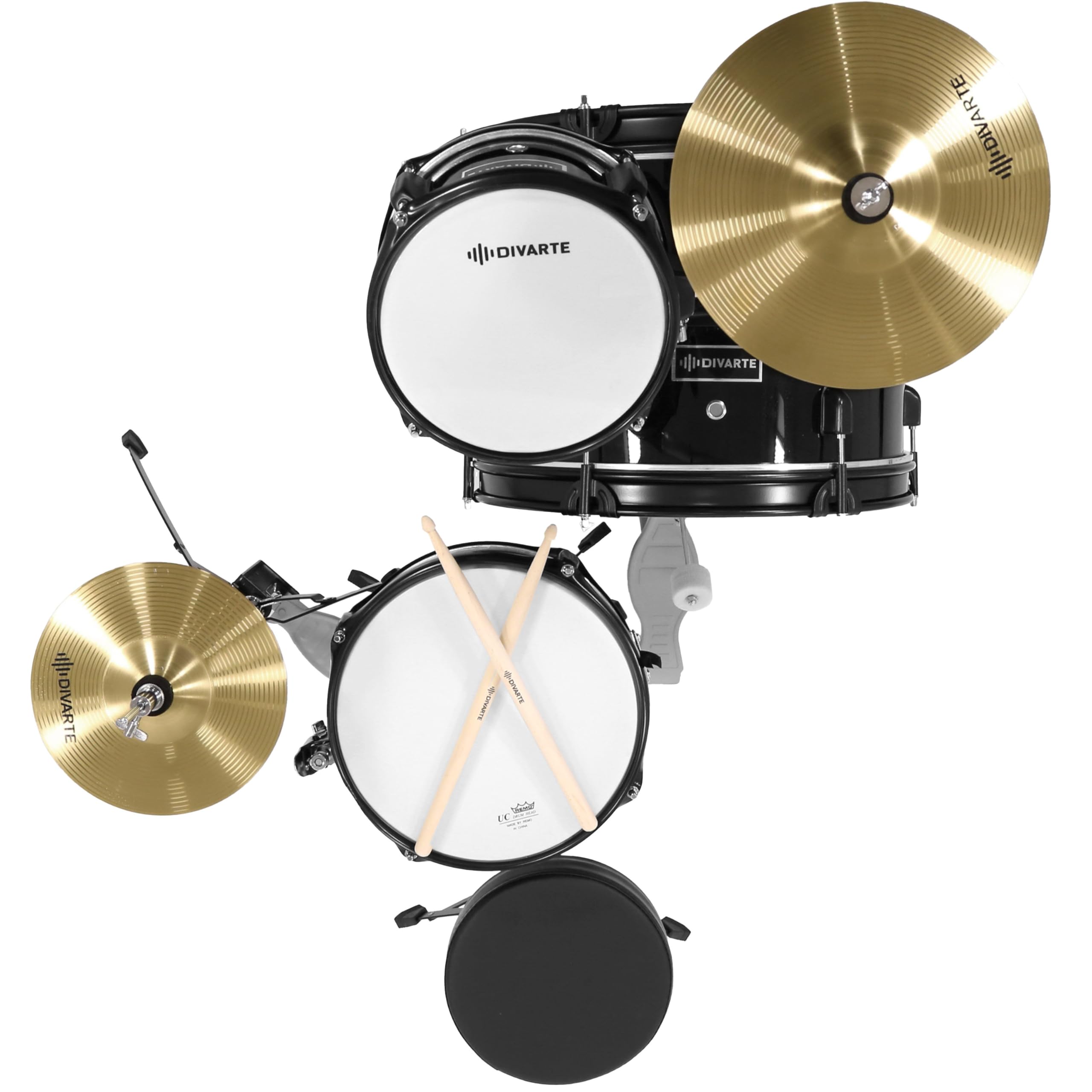 Junior DrumSet Black, kit di batteria regolabile per bambini, dai 6 anni, set di batterie acustiche per principianti con sedile regolabile, piede di charleston e bacchette inclusi.