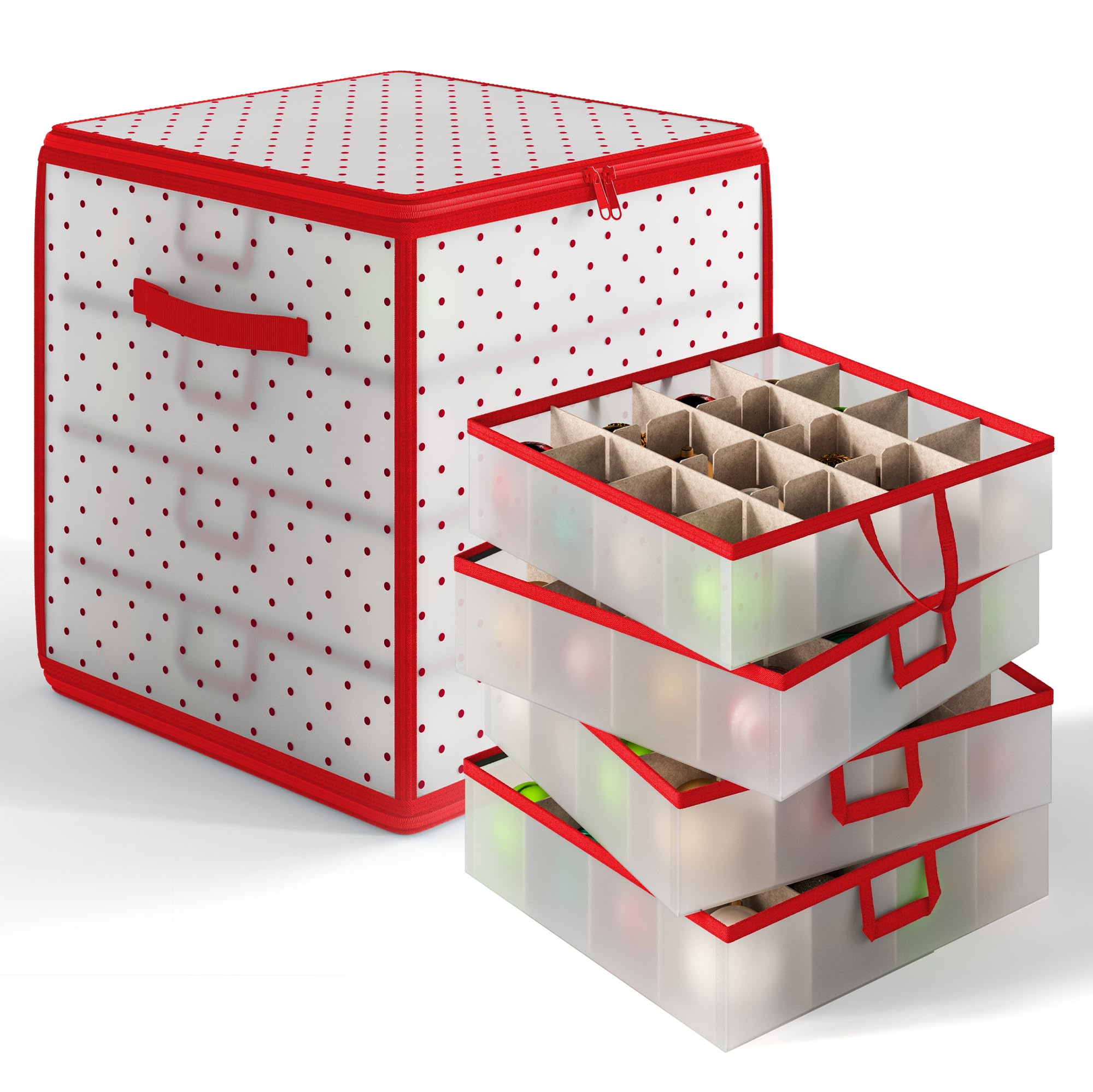 Hearth &amp; Harbor Christmas Ornament Storage Box With 4 Inner Tray Dividers - Plastic Ornament Storage Container For 64 Holiday Ornaments or Decorations - Red