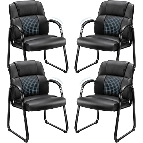 Sweetcrispy Waiting Room Guest Chair Set of 4, Leather Stationary Office Reception Chairs No Wheel, Comfy Padded Arms and Seld Base, for Conference Room Lobby Home Computer Desk Bedroom Elderly, Black