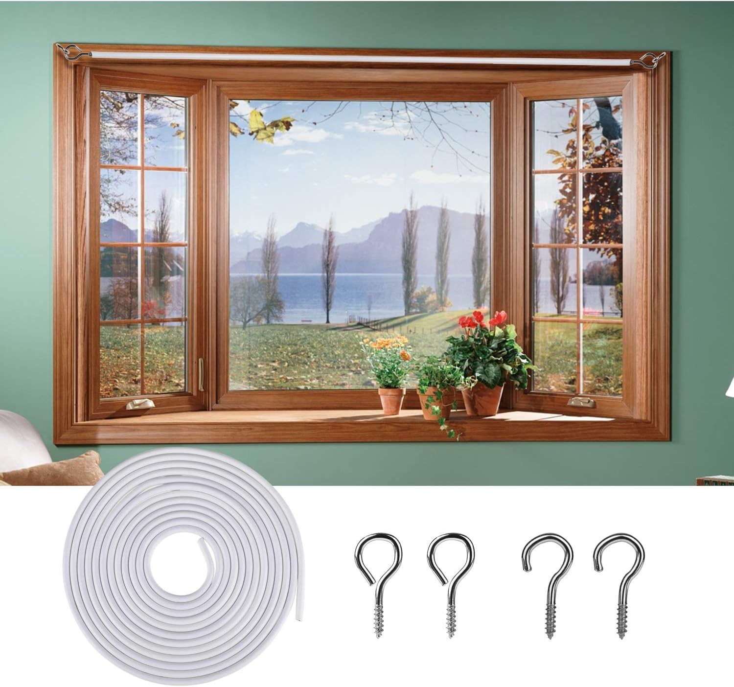 OOTSR [2 Pack White Curtain Wire, Plastic Coated Window Curtain Wire, Picture Hanging Wire with 8 Pairs of Screw Eyes and Hooks