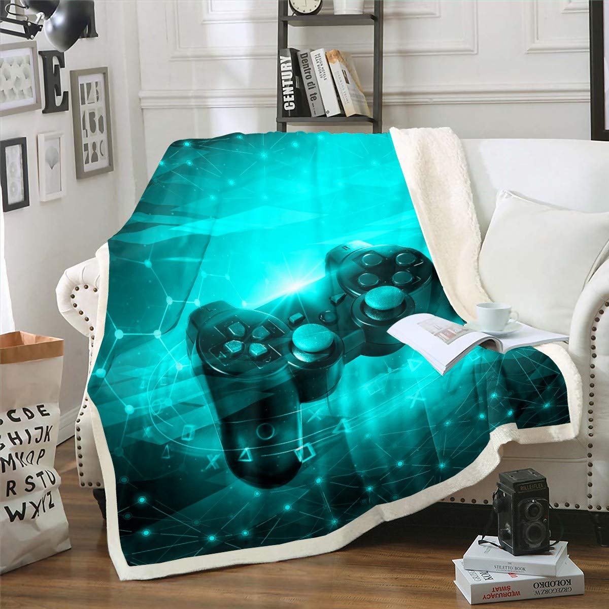 Couverture polaire Gamepad lit bleu sarcelle plaid Sherpa 60x79