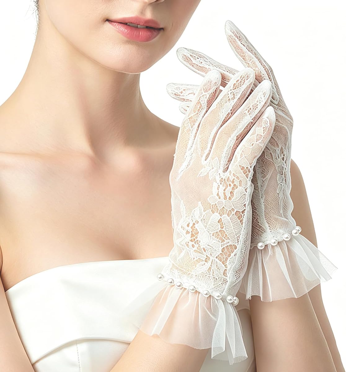 Guantes cortos de encaje para mujer, elegantes guantes florales para boda, fiesta de té nupcial con puños de tul con volantes y ribete de perlas