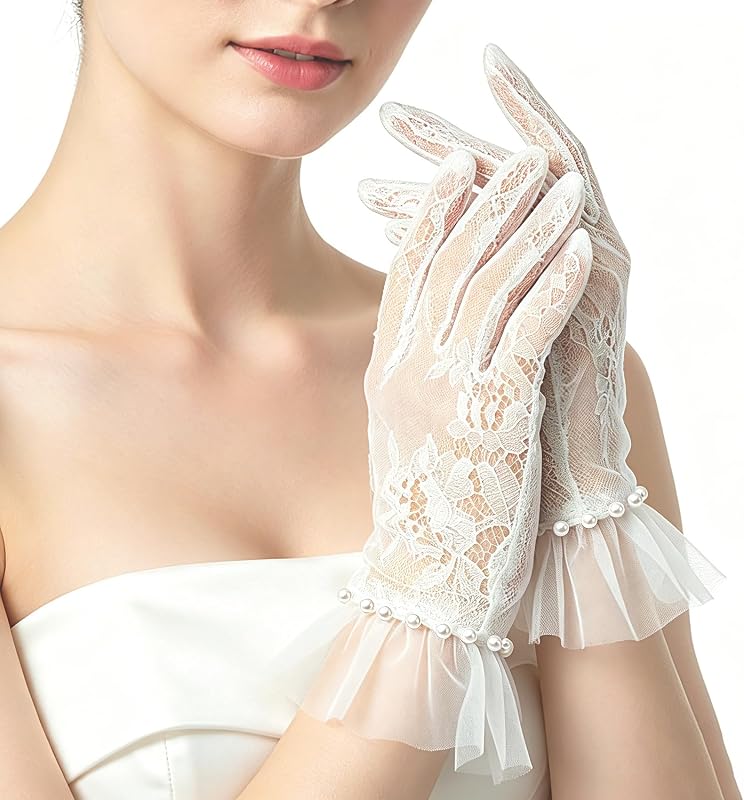 Short Lace Gloves Women, Elegant Floral Wedding Bridal Tea Party Gloves with Ruffle Tulle Cuff and Pearl Trim