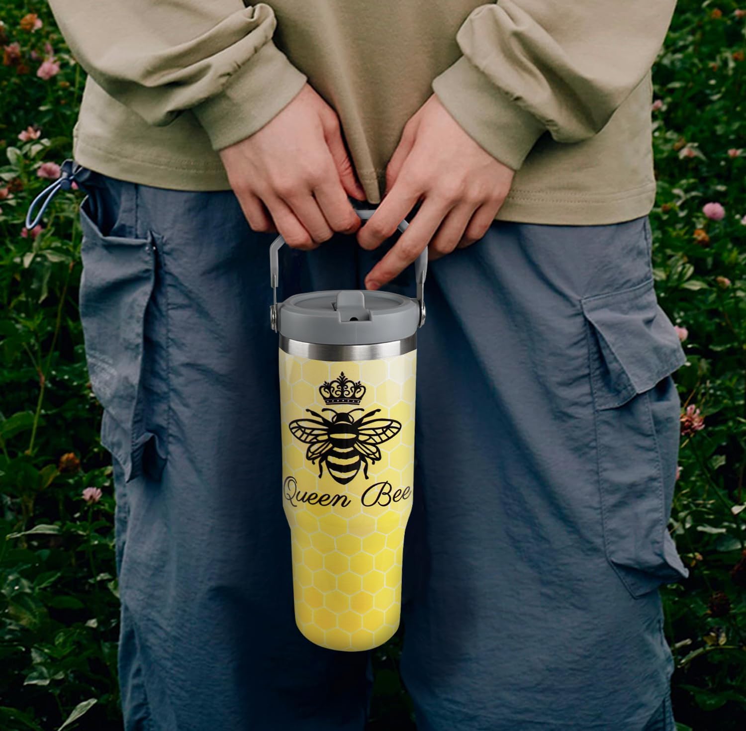 30oz Bee Tumbler With Handle and Straw - Queen Insulated Leak Proof Travel Coffee Mug, Reusable Stainless Steel Tumbler for Bee Gifts for Women, Men - Image 2