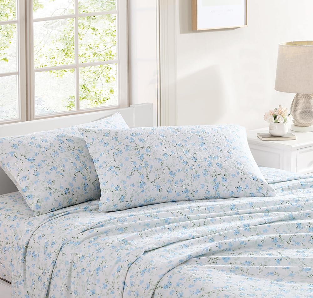 Shabby Chic® - Queen Sheets, Cotton Flannel Bedding Set, Warm & Cozy Home Decor (Ella Blue, Queen)