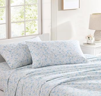 Shabby Chic - Queen Sheets, Cotton Flannel Bedding Set, Warm & Cozy Home Decor Ella Blue, Queen