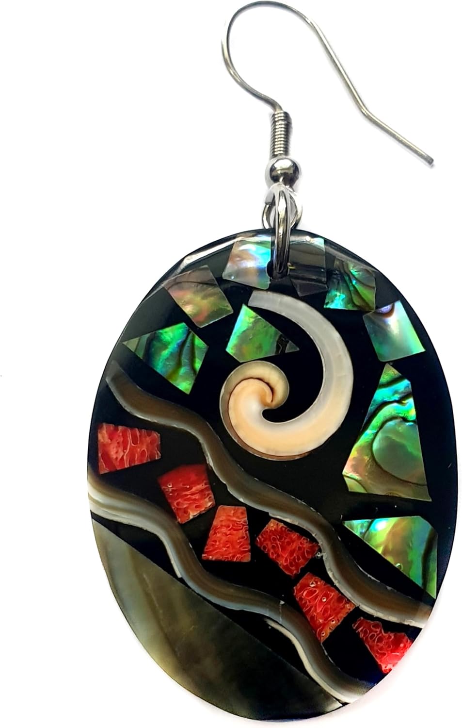 Oval Paua Abalone, Red Coral & Mother of Pearl Earrings, Dangle Drop Seashell Fashion Jewelry DA117 - Image 3