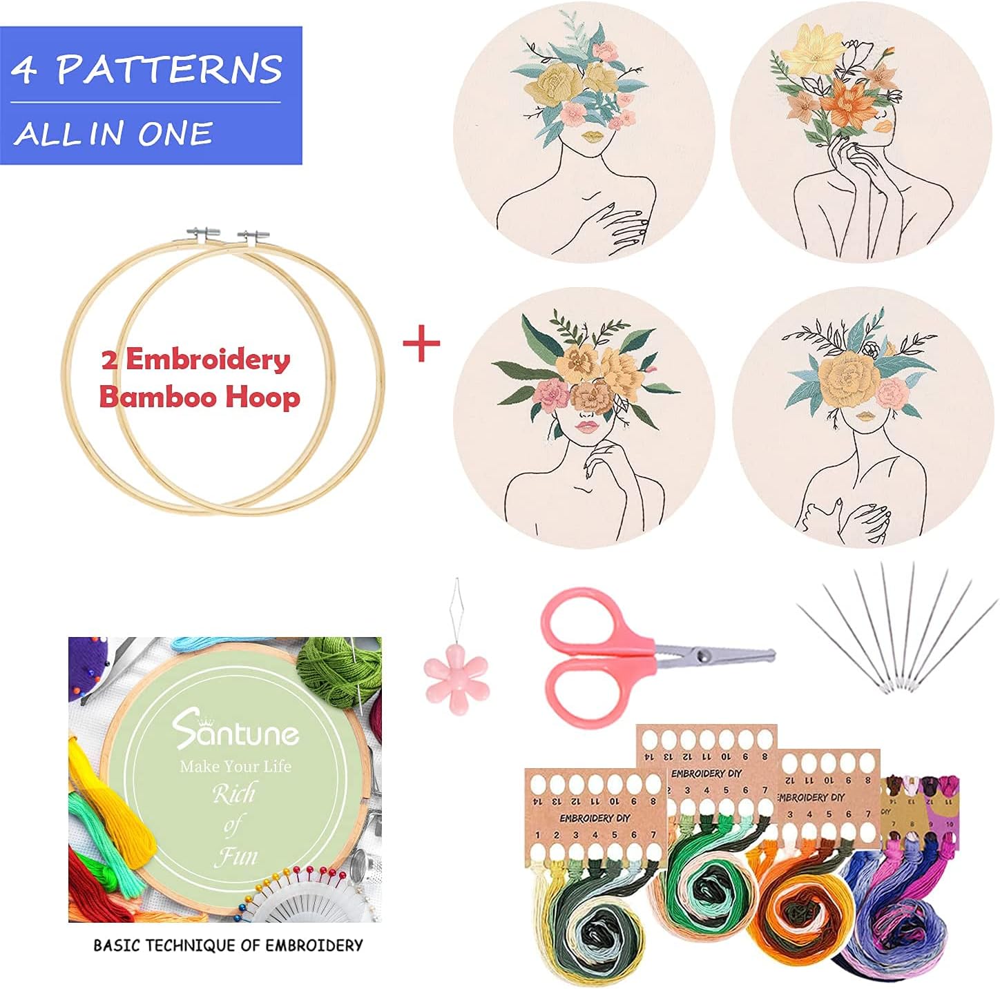 Santune 4 Pack Embroidery kit with Patterns and Instructions,DIY Beginner Cross Stitch Kits for Adults, with 4 Embroidery Clothes Women and Flower Pattern,2 Embroidery Hoops, Color Threads and Needles