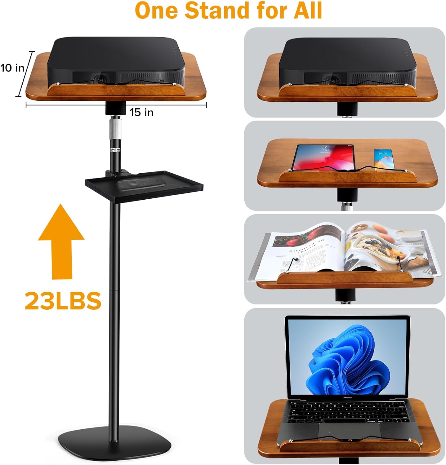 2-in-1 Dual-use Floor & Desktop Book Stand, Heavy Duty Wooden Music Stand with Adjustable Height from 16.5" to 51", Book Holder with Elastic Page Clips & Tray for Cookbook,Magazine,Laptop, Projector